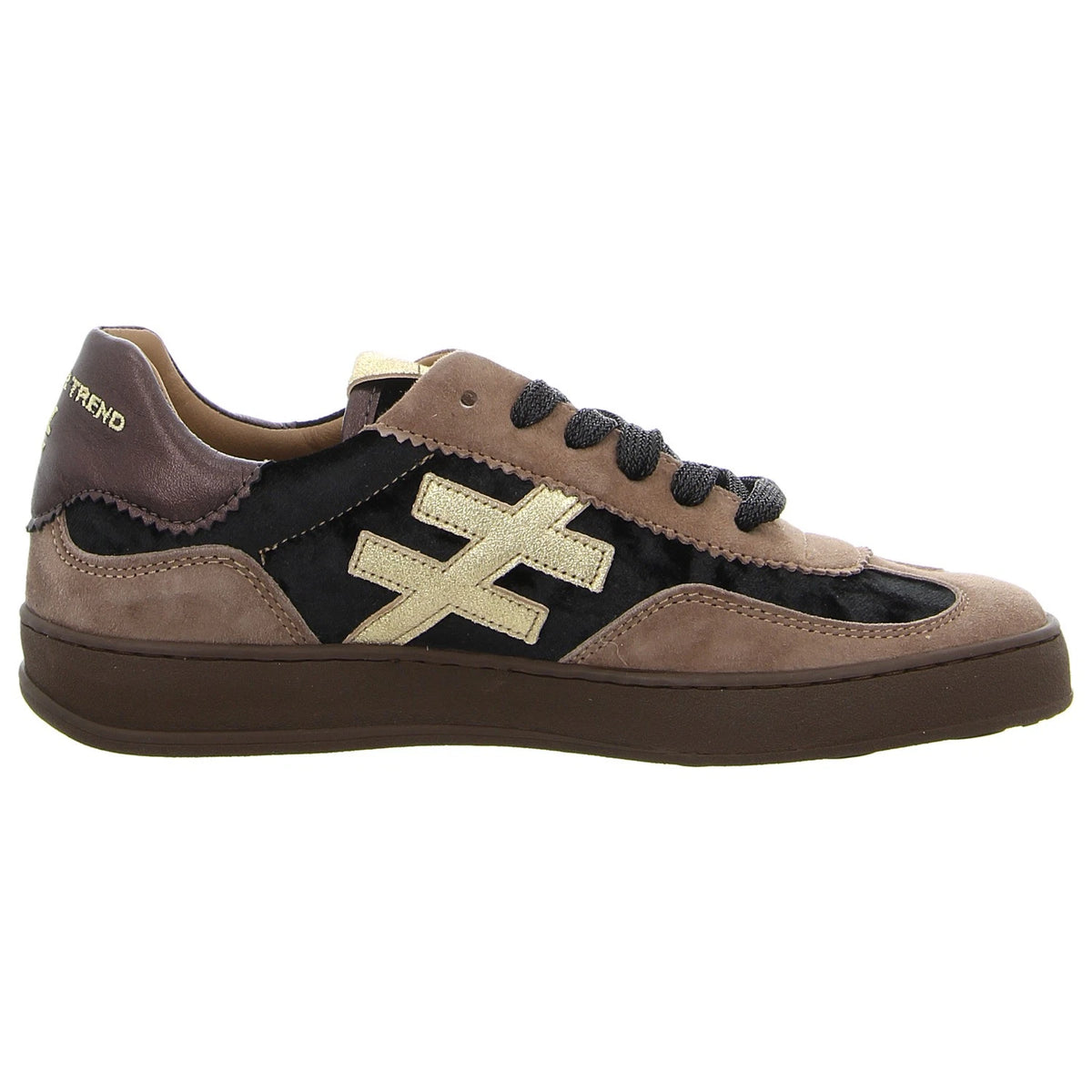 A low-top sneaker in beige suede and black suede, featuring black laces, a brown sole, and a gold-toned logo on the side at Weirs Gifts
