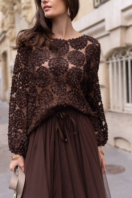 Long Sleeve Lace Flower Detail Blouse
