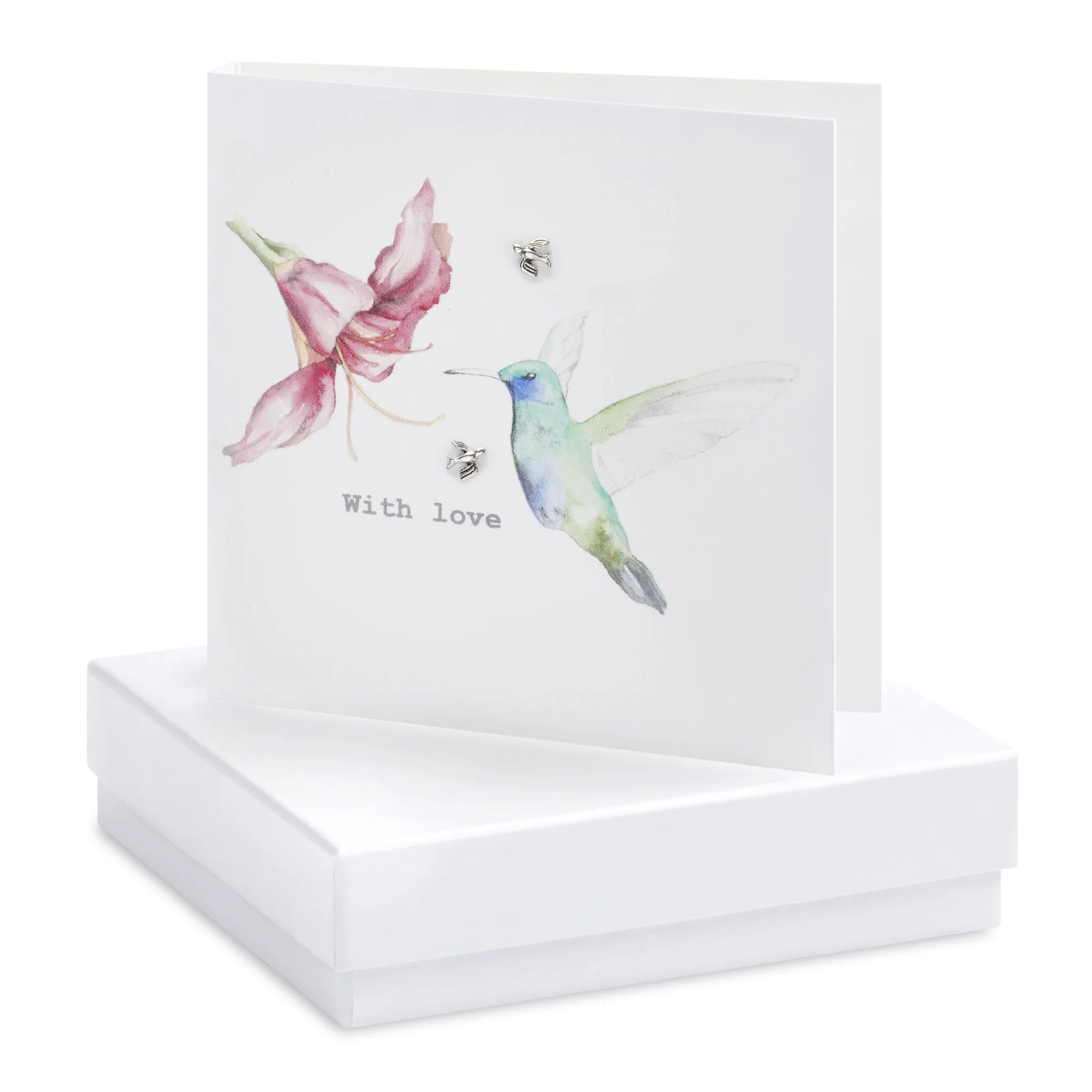Crumble & Core Hummingbird With Love Card with Earrings in a White Box by Weirs of Baggot Street