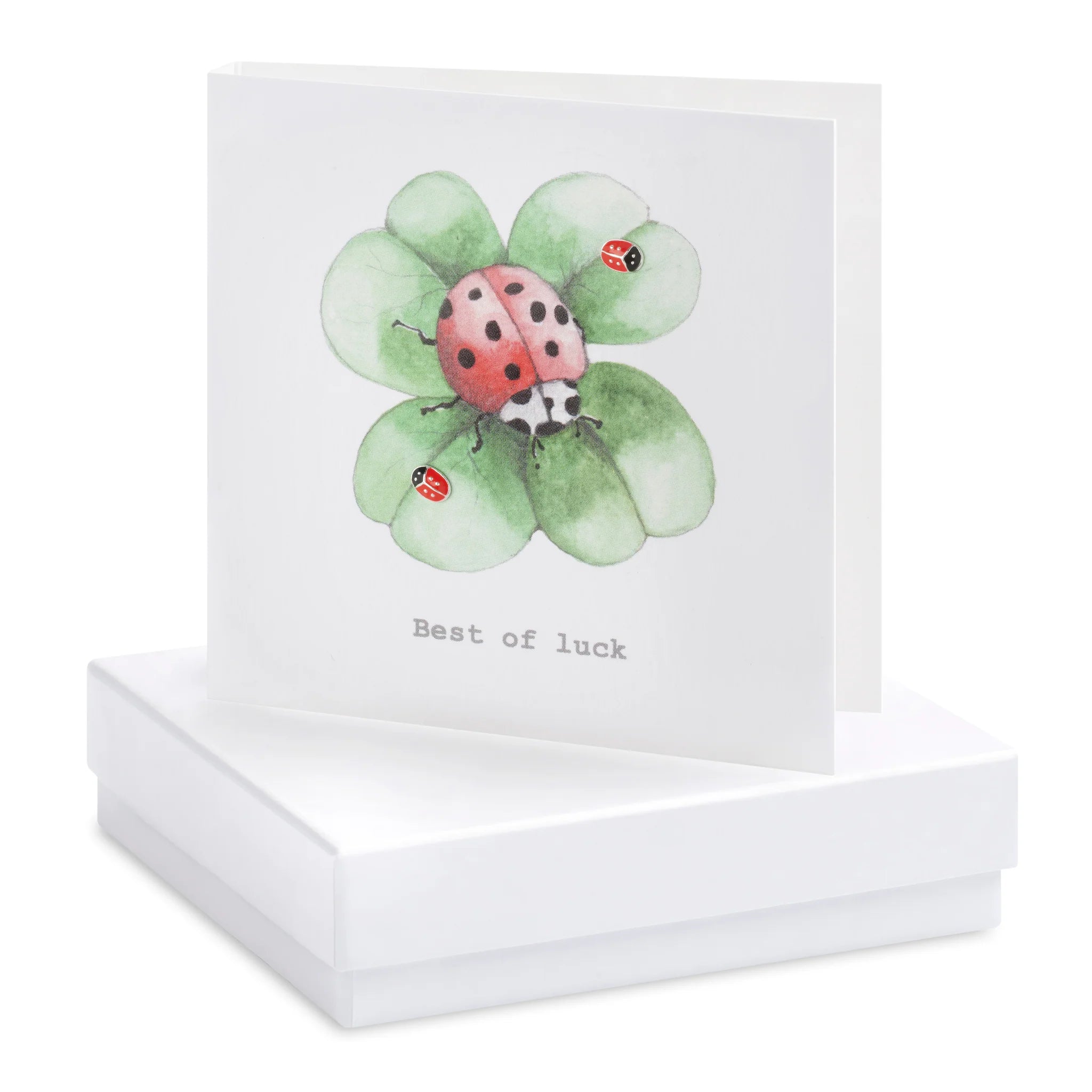 Crumble & Core Ladybird Clover Best of Luck Card with Earrings in a White Box by Weirs of Baggot Street