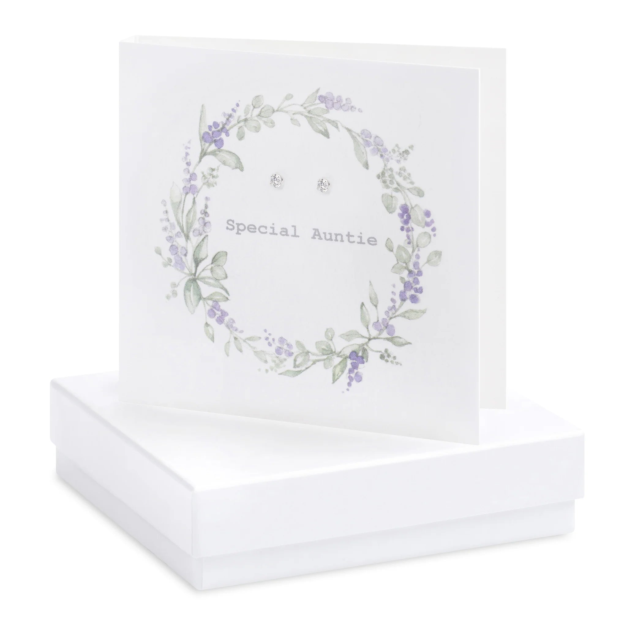 Crumble & Core Lavender Wreath Auntie Card with Earrings in a White Box by Weirs of Baggot Street