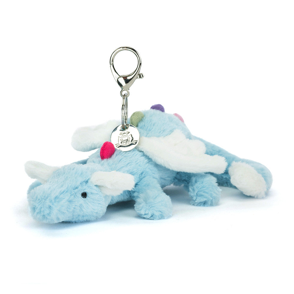 Jellycat Sky Dragon Bag Charm with blue fur and metallic silver wings, available at Weirs Gifts Stillorgan Dublin.