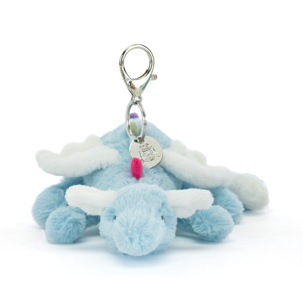 Jellycat Sky Dragon Bag Charm with blue fur and metallic silver wings, available at Weirs Gifts Stillorgan Dublin.
