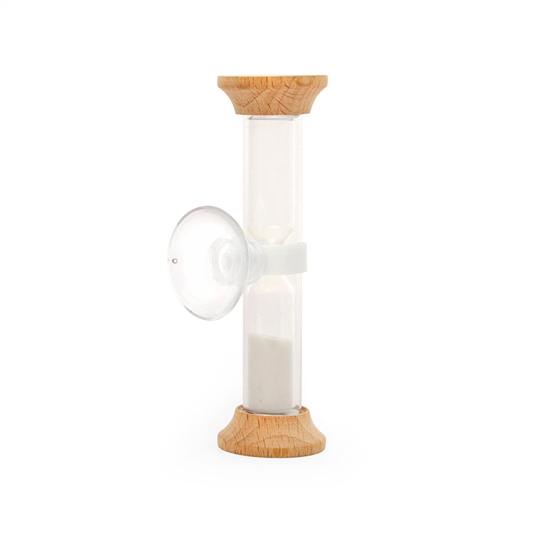 Kikkerland five-minute sand shower timer with wooden ends and suction cup