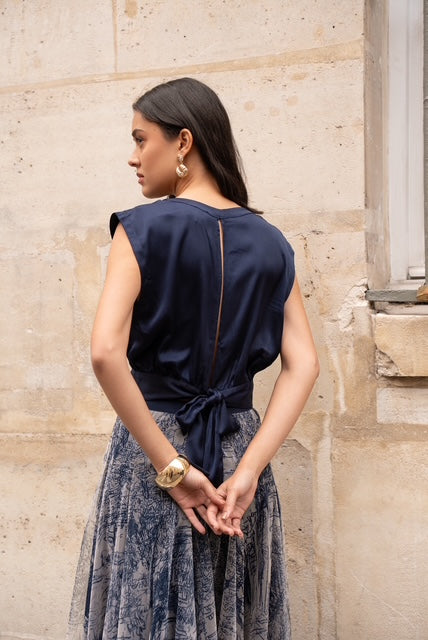 Silky Cropped Top with Back Tie Knot