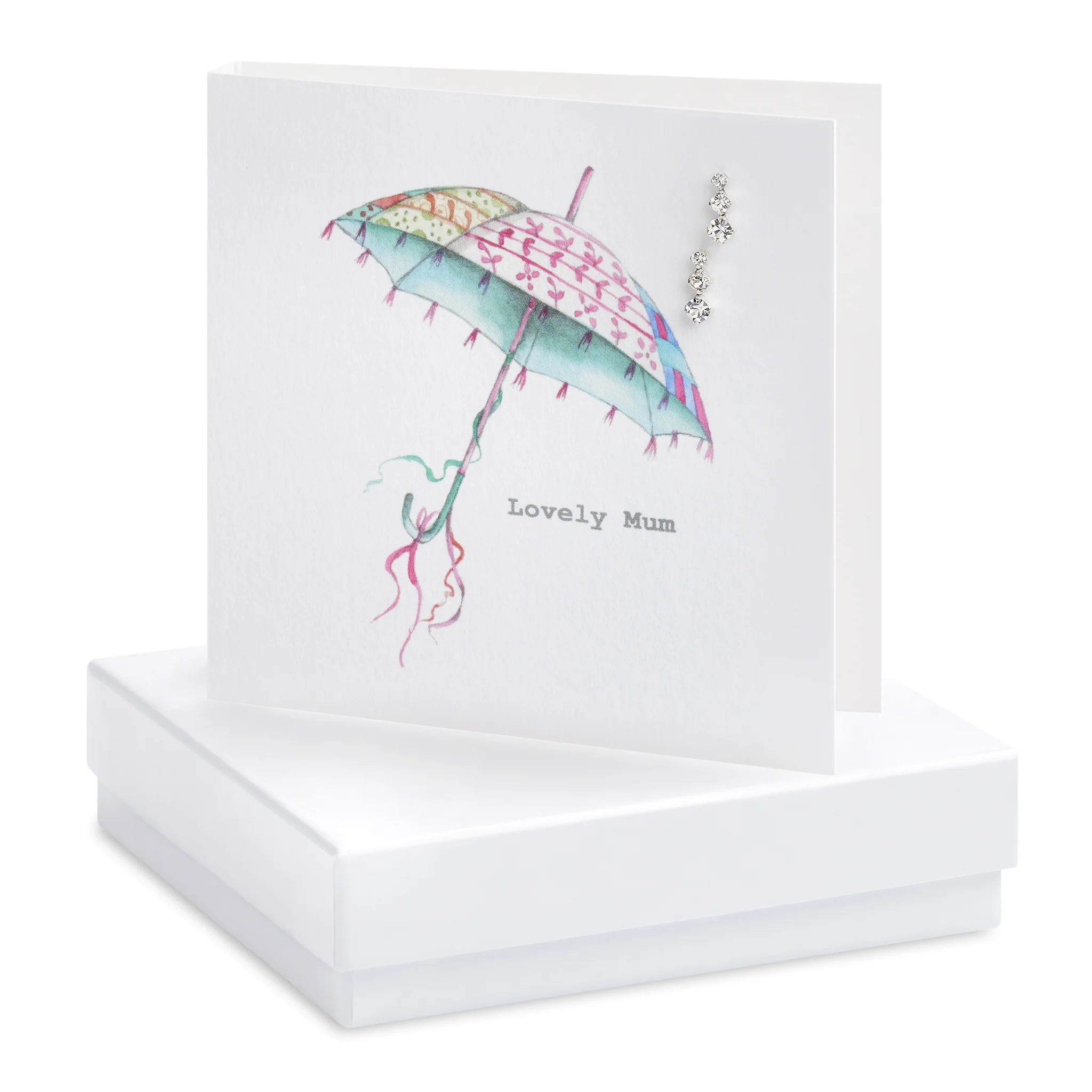 Crumble & Core | Lovely Mum with Umbrella Card with Earrings in a White Box by Weirs of Baggot Street