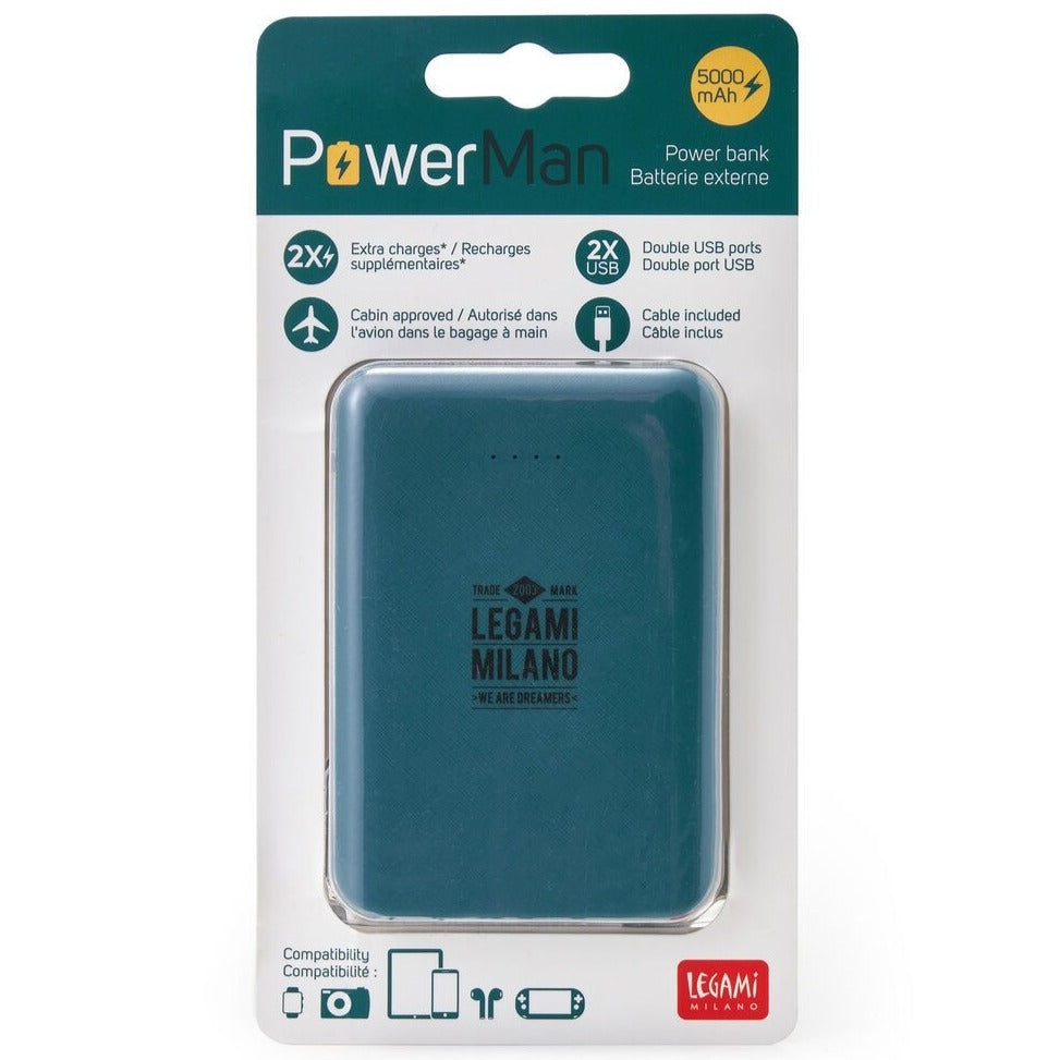 Legami Power Man Power Bank - Petrol Blue by Weirs of Baggot St