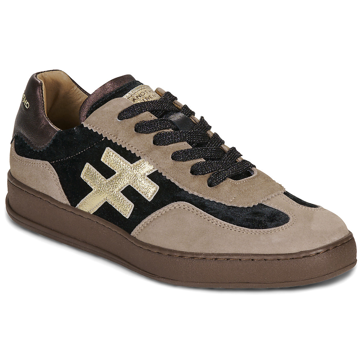 A low-top black sneaker with a smooth leather-like finish, black laces, and a thick black sole, shown from a three-quarters angle on a white background at Weirs Gifts