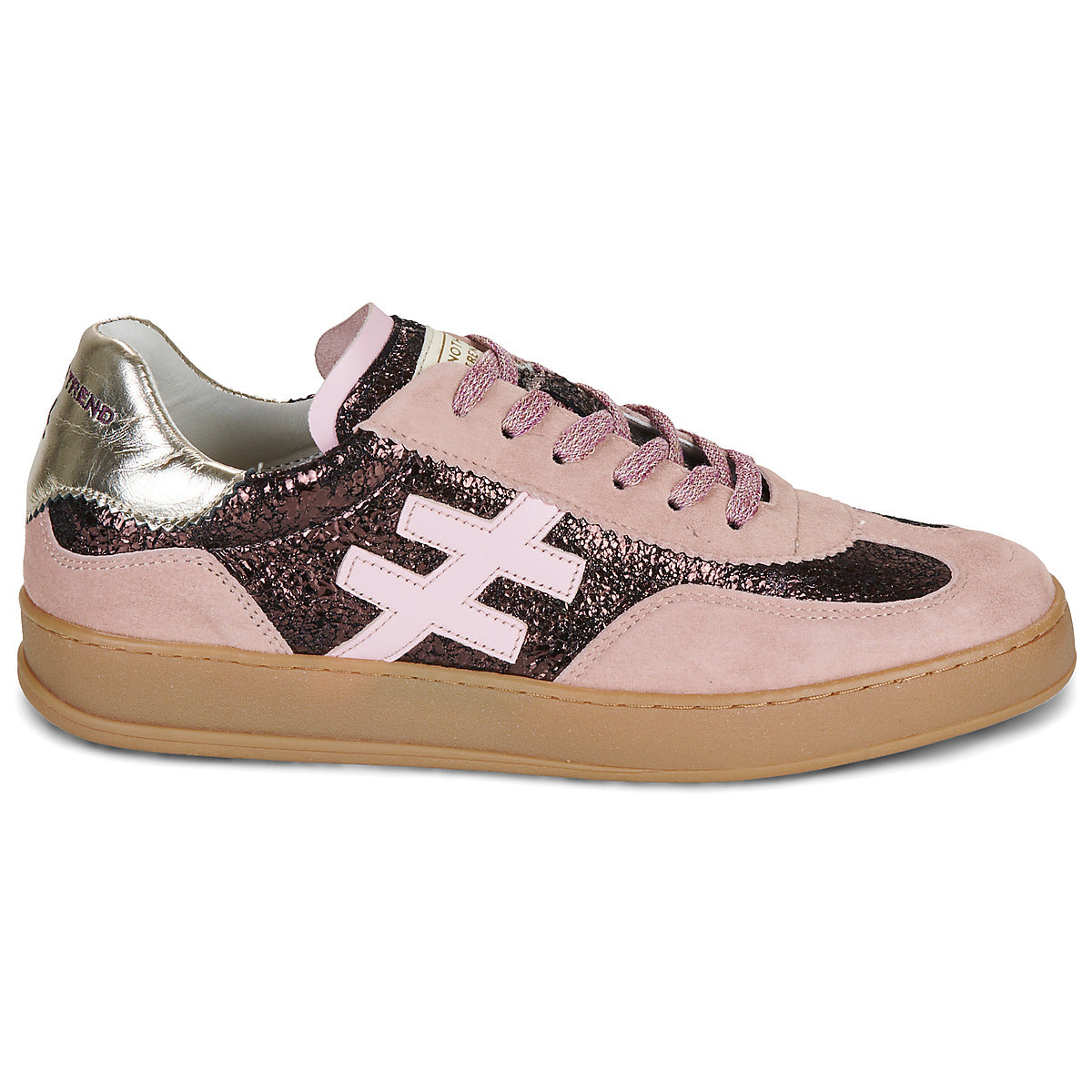 A low-top sneaker in light pink suede and glittery dark pink with a metallic silver heel counter, featuring a light pink cross logo on the side and a gum sole at Weirs Gifts