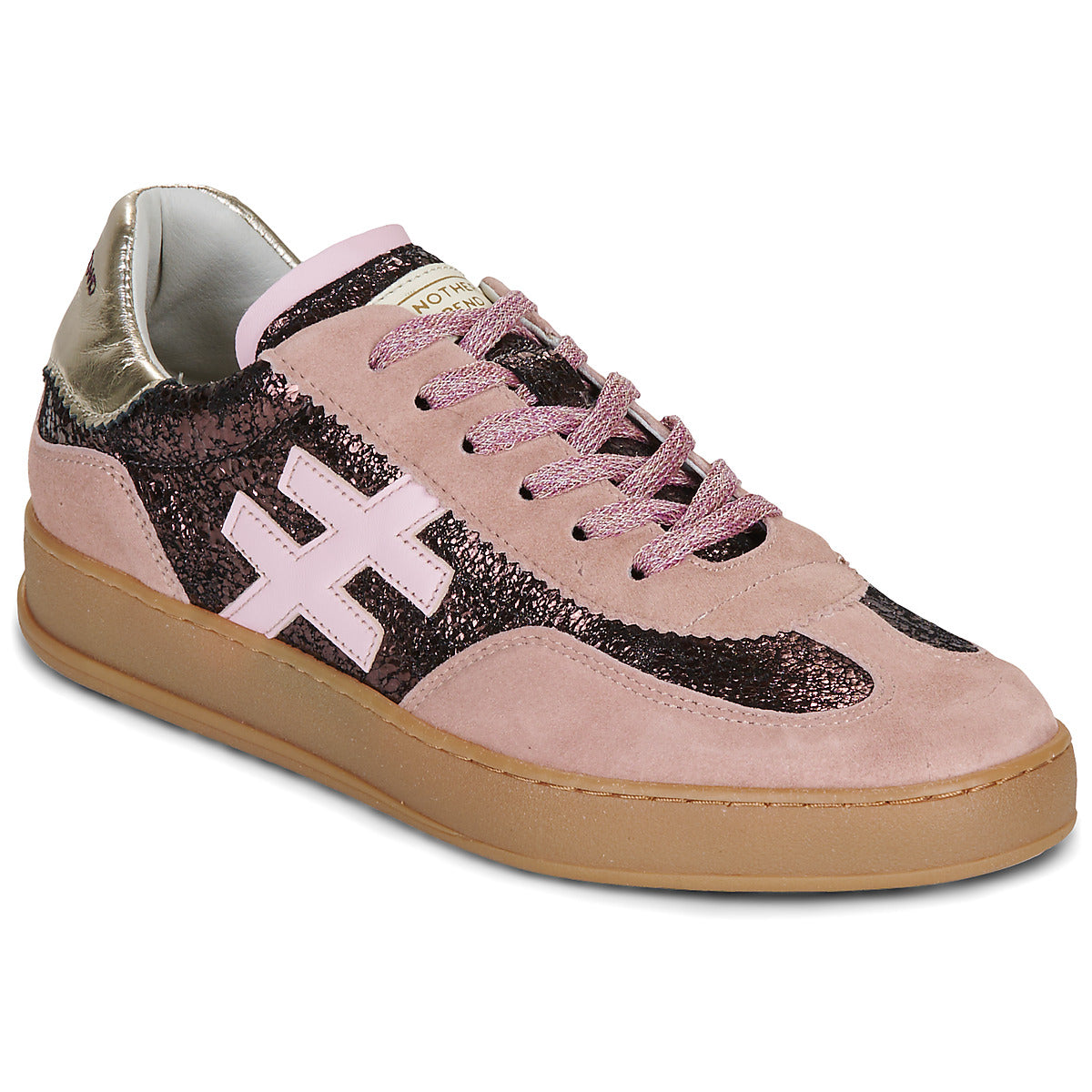 A low-top sneaker in light pink suede and glittery dark pink with a metallic silver heel counter, featuring a light pink cross logo on the side and a gum sole at Weirs Gifts