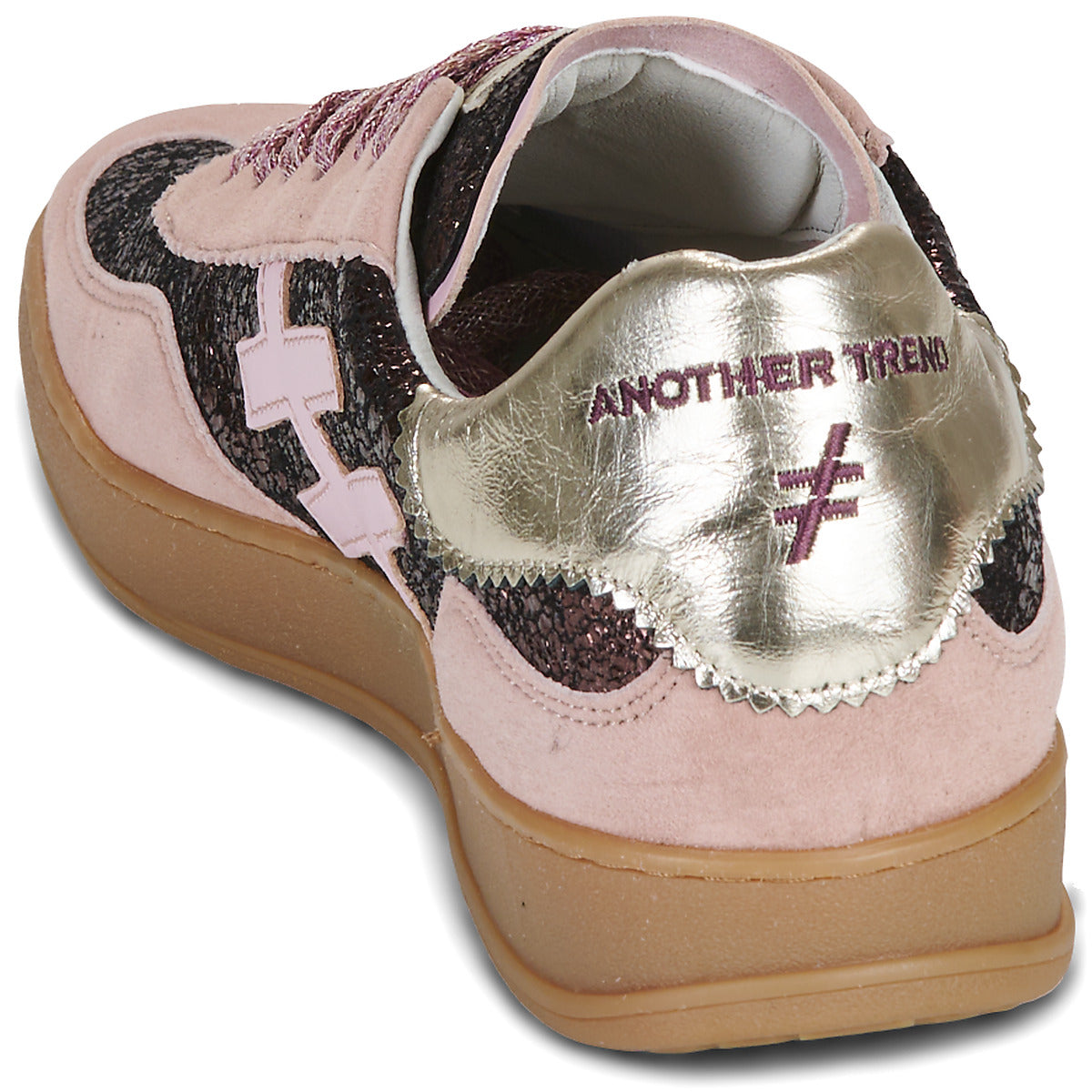 A low-top sneaker in light pink suede and glittery dark pink with a metallic silver heel counter, featuring a light pink cross logo on the side and a gum sole at Weirs Gifts