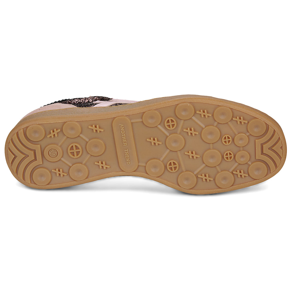 A low-top sneaker in light pink suede and glittery dark pink with a metallic silver heel counter, featuring a light pink cross logo on the side and a gum sole at Weirs Gifts