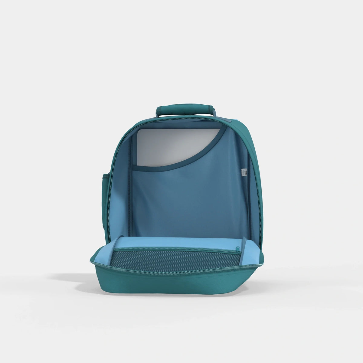 A teal and blue backpack shown open, revealing a light blue interior organizer pocket and a gray inner sleeve, set against a clean light gray background.