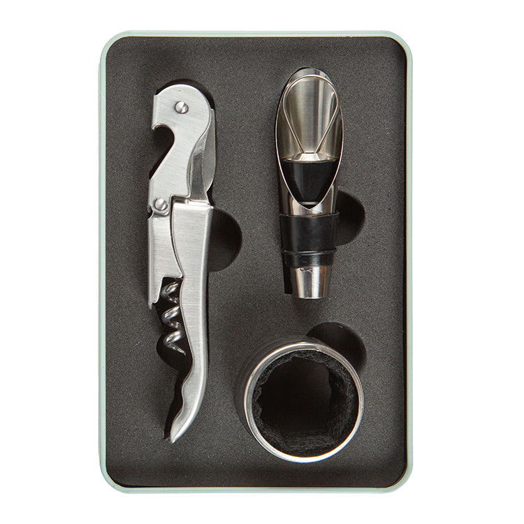 Kikkerland Wine Kit with corkscrew, pourer and drip ring in a storage tin