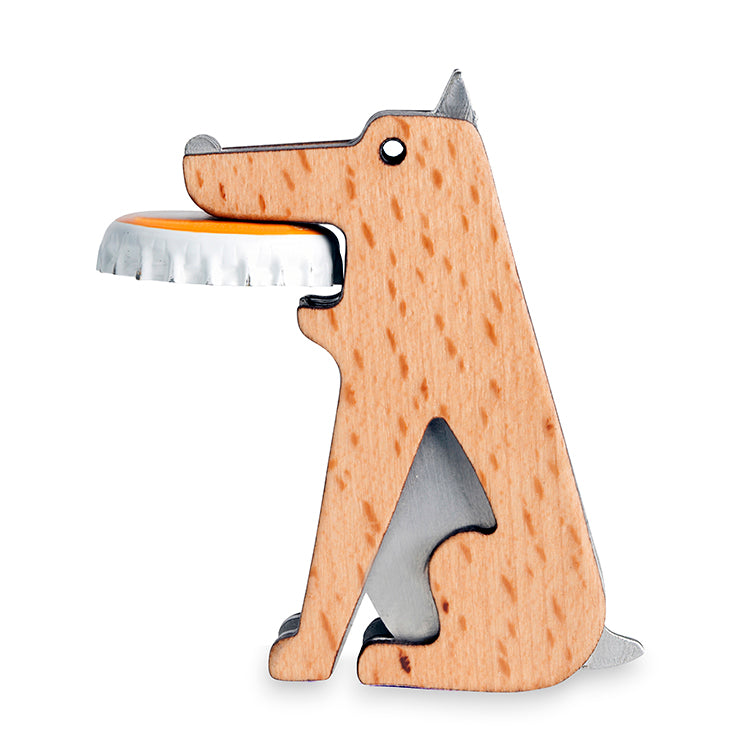 Kikkerland Fetch dog-shaped wooden bottle opener gripping a bottle cap