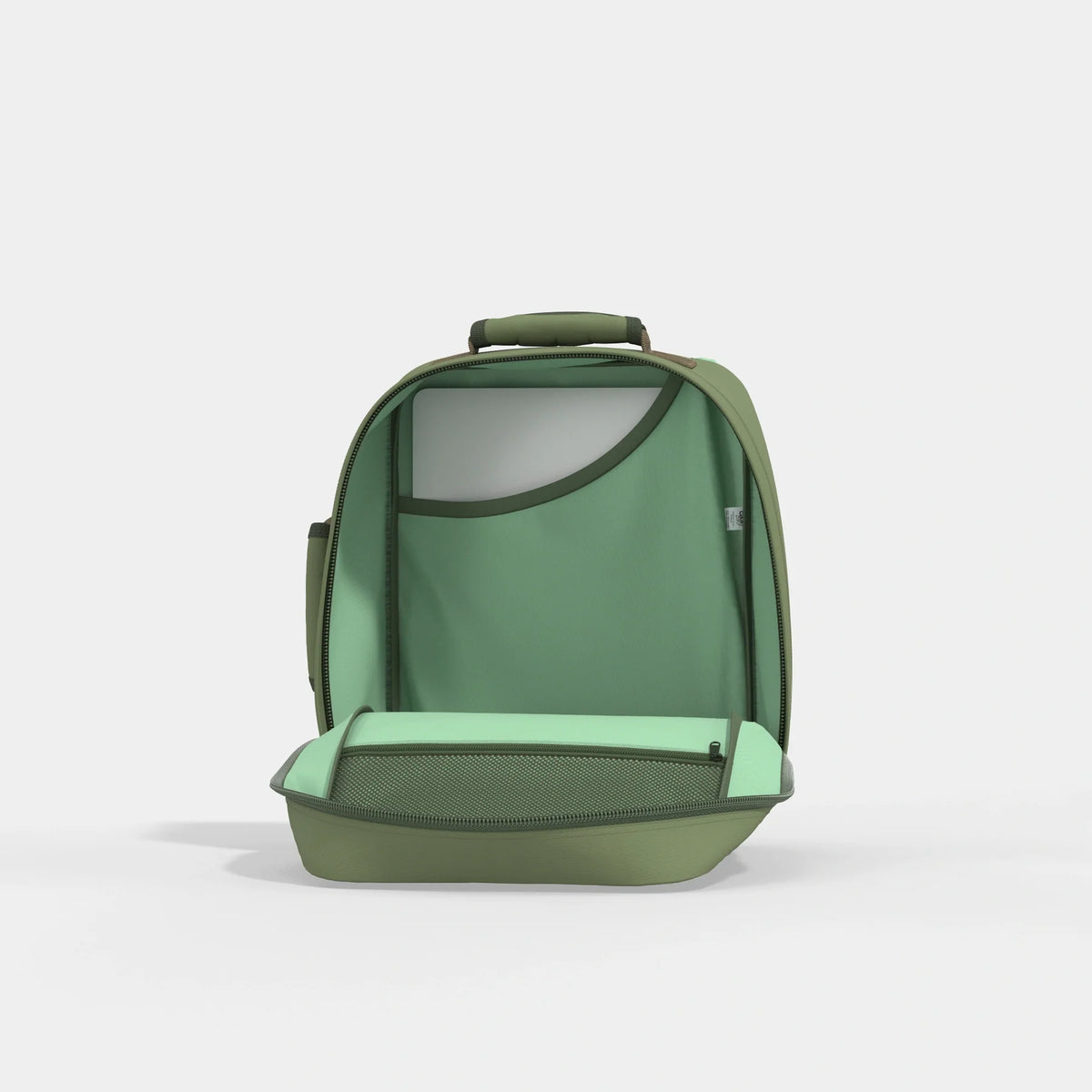 An olive green backpack shown open, revealing a mint green interior organizer with a zippered compartment and mesh pocket, set against a plain light gray background.