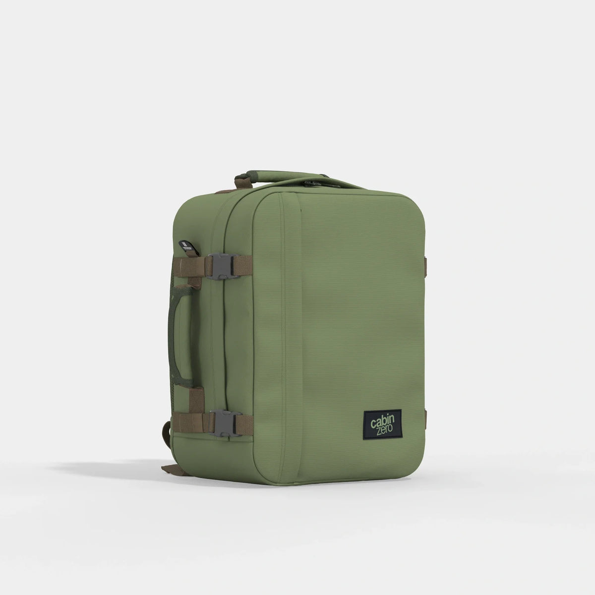 An olive green Cabin luggage sleeve with brown straps and a black brand patch on the bottom right, shown on a light gray background.