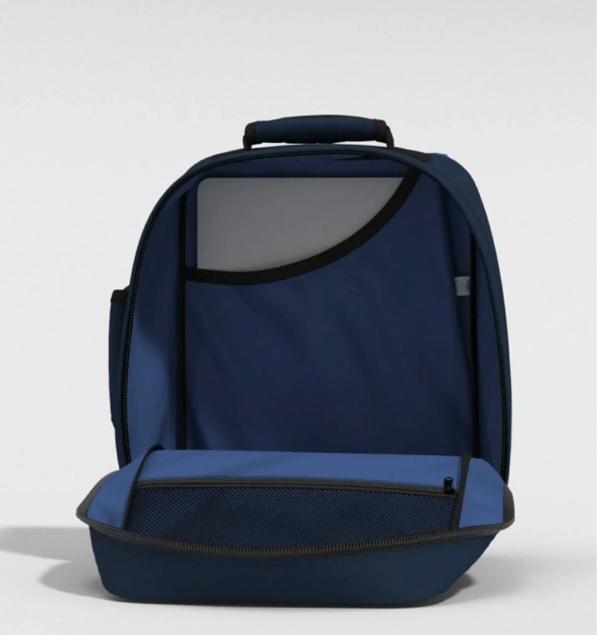 A navy blue backpack shown open, displaying its interior compartments, including a top handle, a front slip pocket with a gray insert, and a lower zippered compartment.