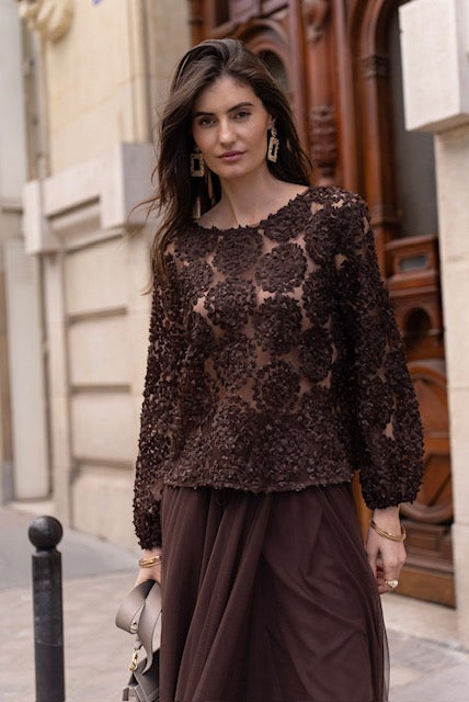 Long Sleeve Lace Flower Detail Blouse