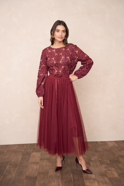 Long Sleeve Lace Flower Detail Blouse