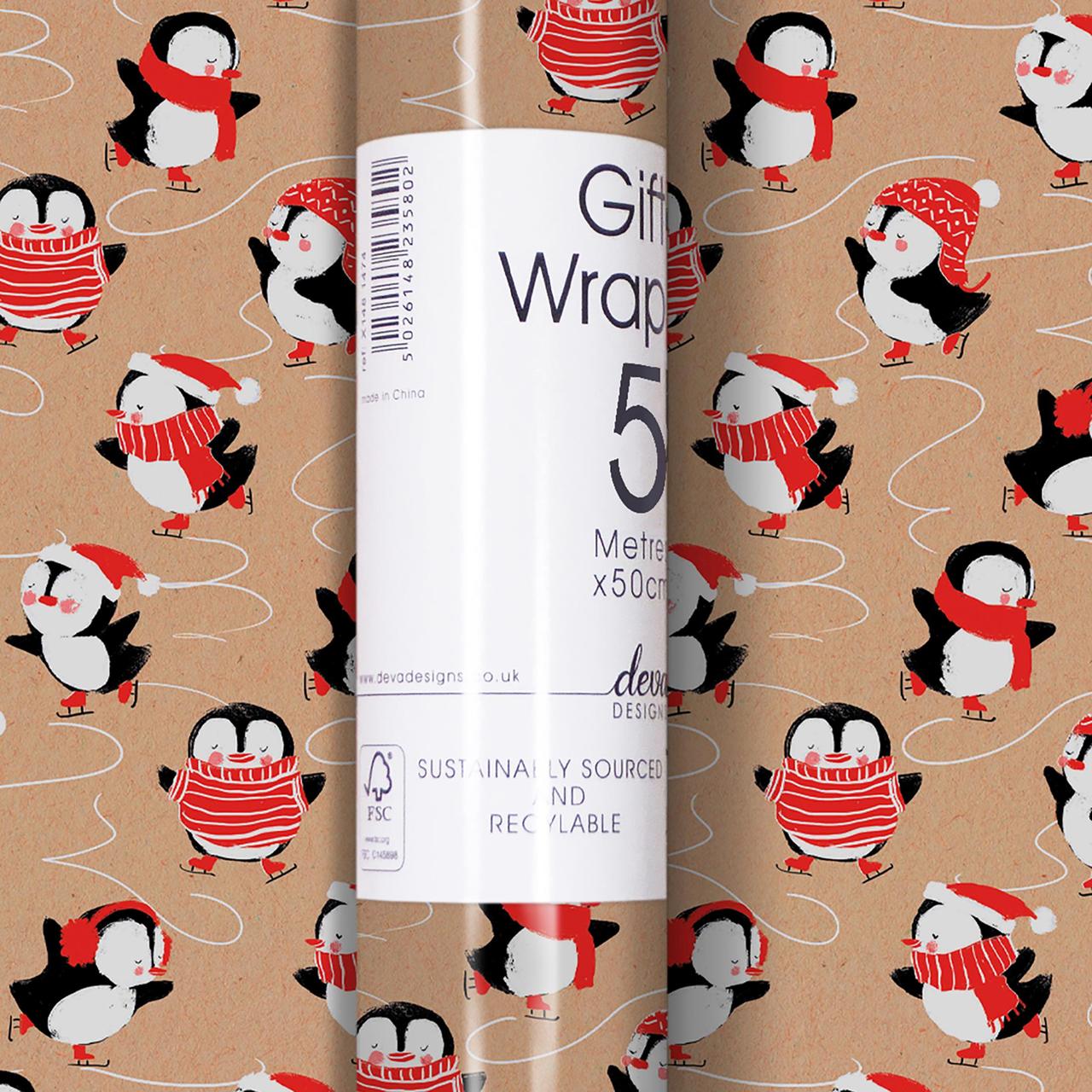 Christmas Gift Wrap Roll | 5m x50cm Kraft Penguins by Weirs of Baggot Street