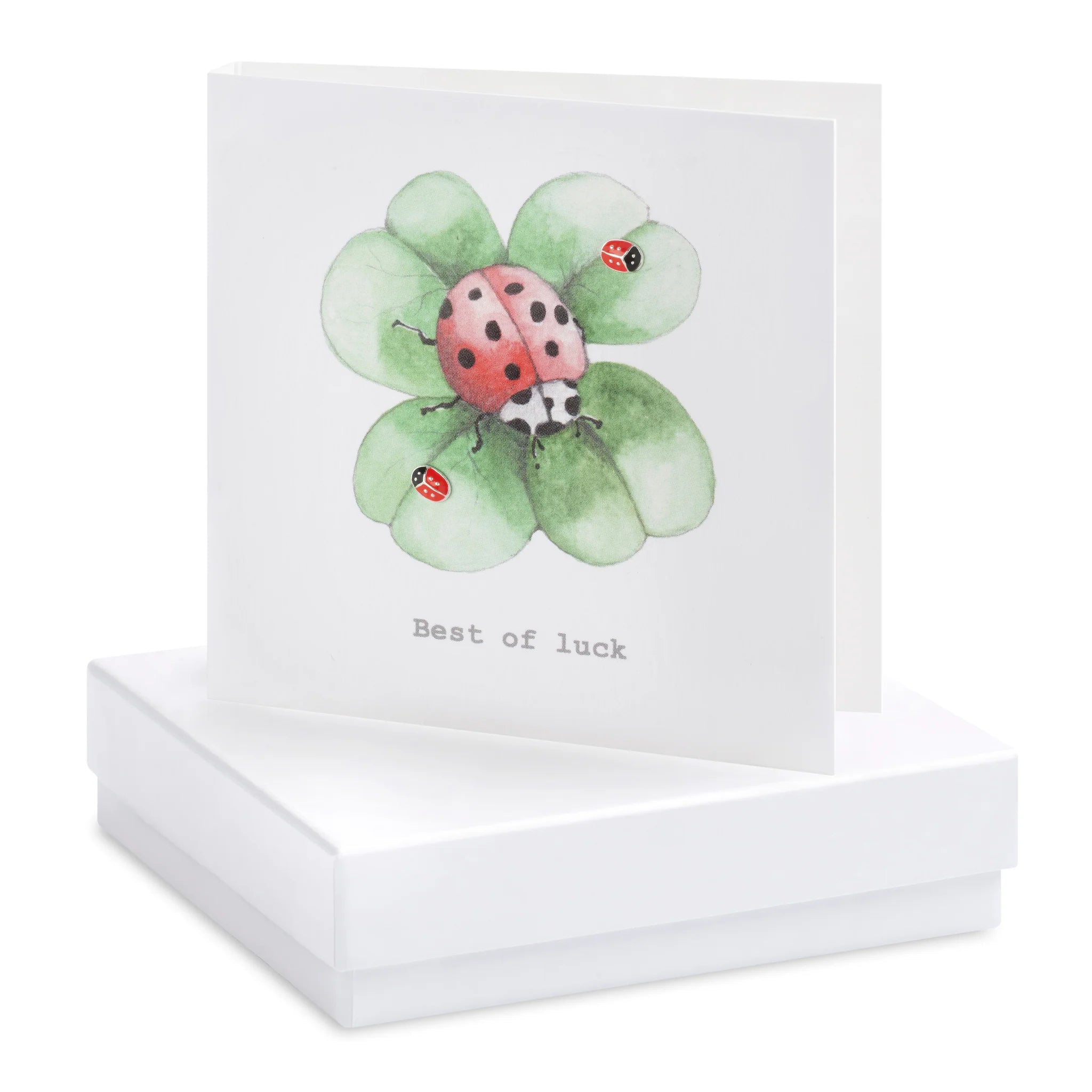 Crumble & Core  Ladybird Clover Best of Luck Card with Earrings in a White Box by Weirs of Baggot Street