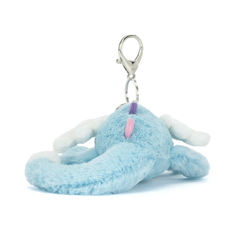 Jellycat Sky Dragon Bag Charm with blue fur and metallic silver wings, available at Weirs Gifts Stillorgan Dublin.