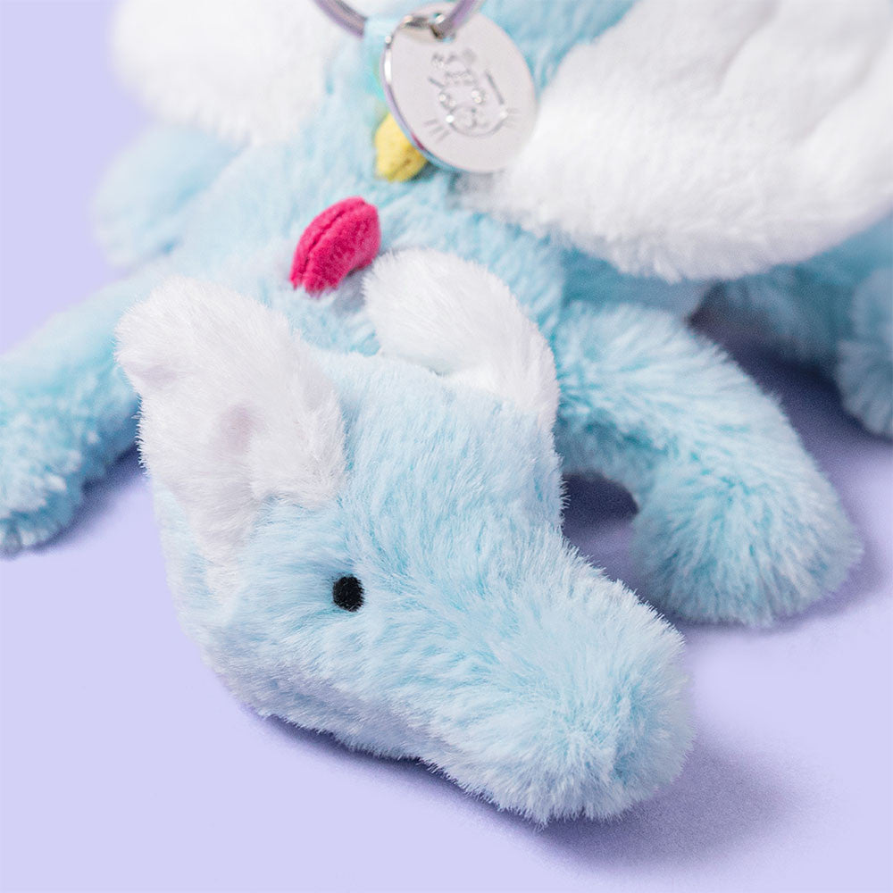 Jellycat Sky Dragon Bag Charm with blue fur and metallic silver wings, available at Weirs Gifts Stillorgan Dublin.