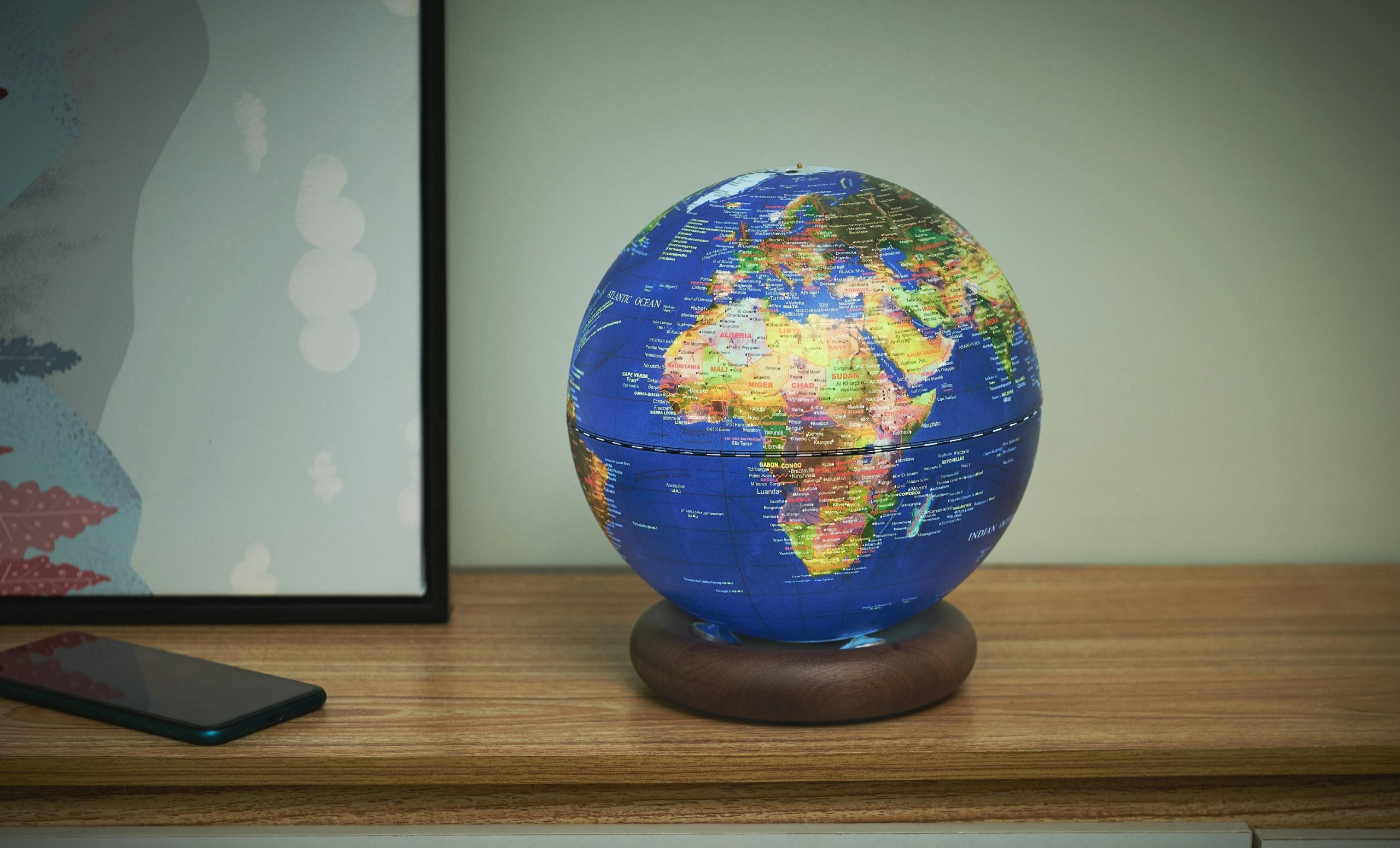 Fabulous Gifts Gingko Design Atlas Globe Lamp Dark Blue Large Walnut by Weirs of Baggot Street