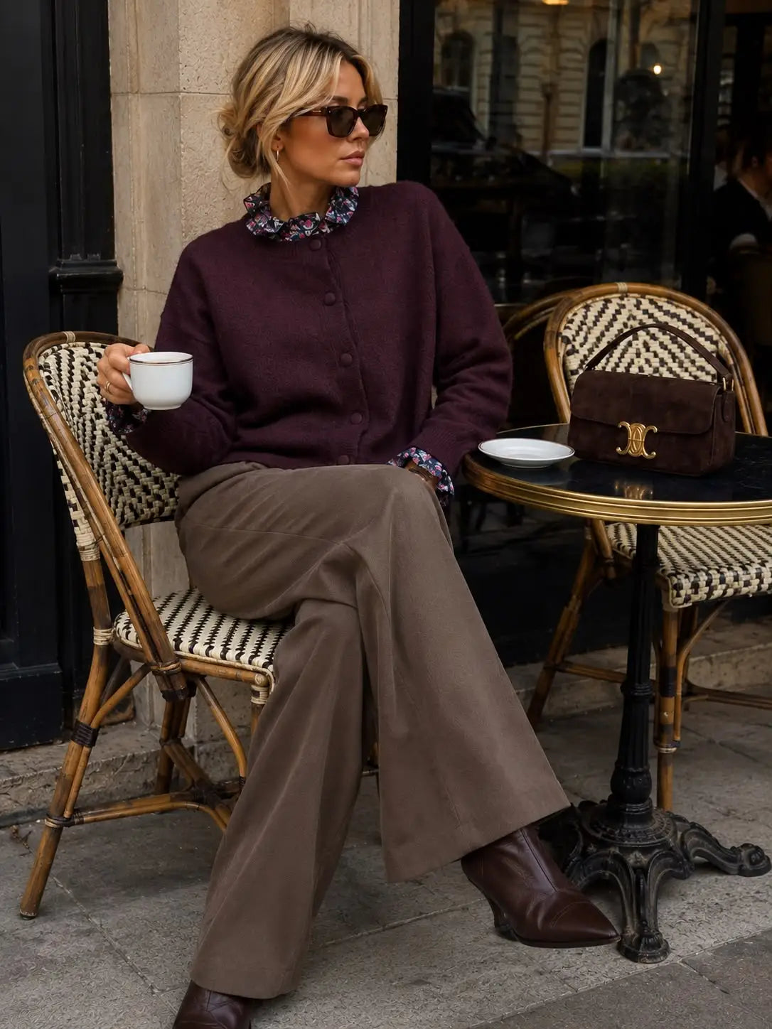 A woman sits on a woven chair at an outdoor cafe table, wearing a dark burgundy cardigan with a floral collar, brown wide-leg trousers, and brown boots. A matching brown handbag rests on the table next to her Weirs Gifts