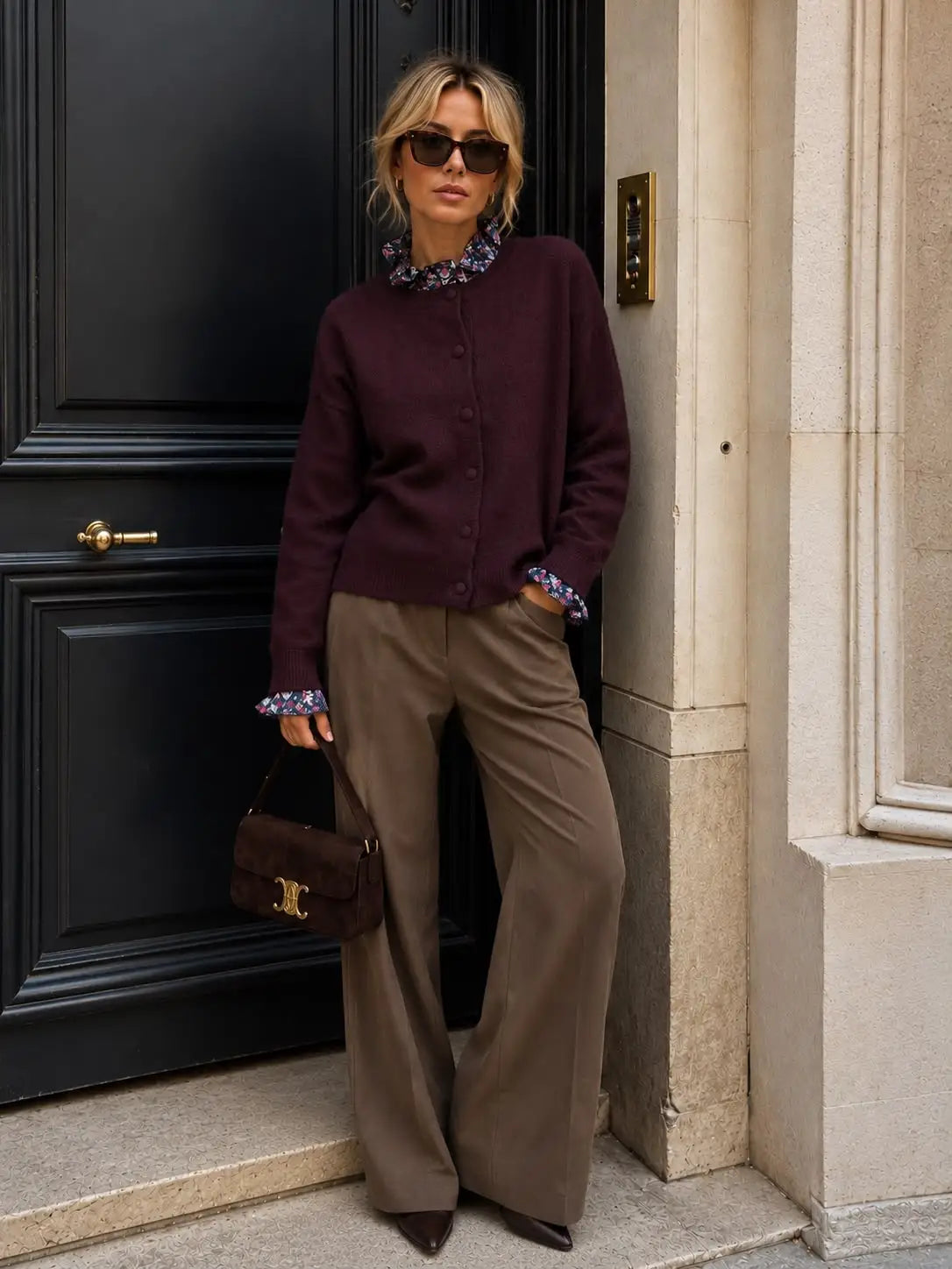 A woman stands on a stone doorstep wearing a dark burgundy cardigan with a patterned floral collar and cuffs, olive brown wide-leg trousers, and holding a dark brown handbag by Weirs Gifts
