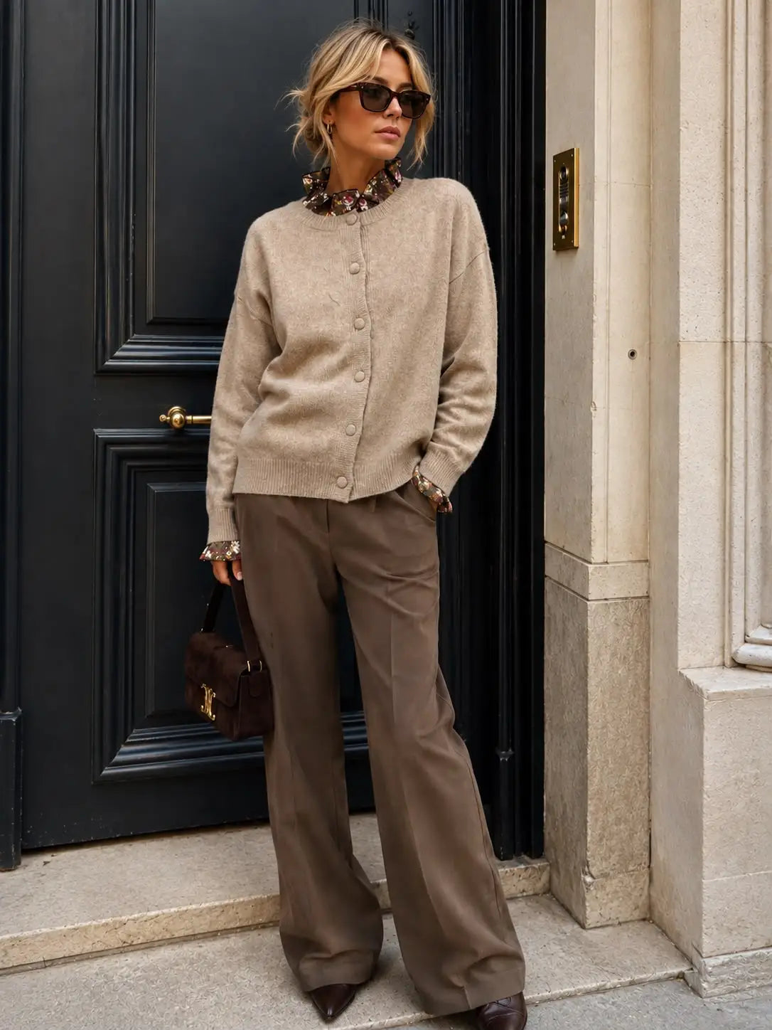 A woman stands in front of a dark paneled door wearing a beige button-front cardigan, brown wide-leg trousers, sunglasses, and carrying a dark brown handbag by Weirs Gifts