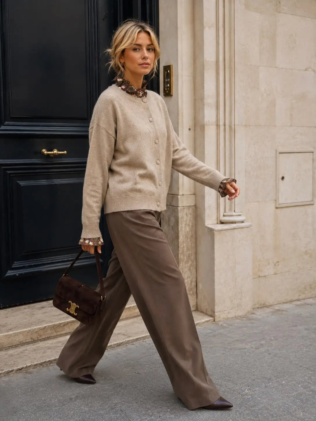 A woman walking on a city street wearing a beige knit cardigan, wide-leg taupe trousers, and carrying a dark brown leather handbag.