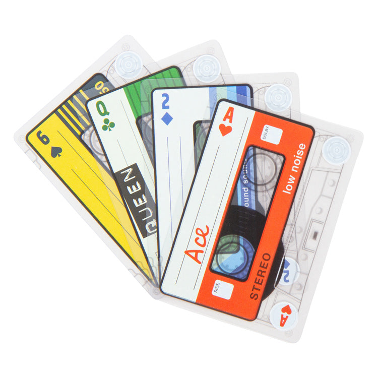 Transparent Kikkerland playing cards with colourful retro cassette designs