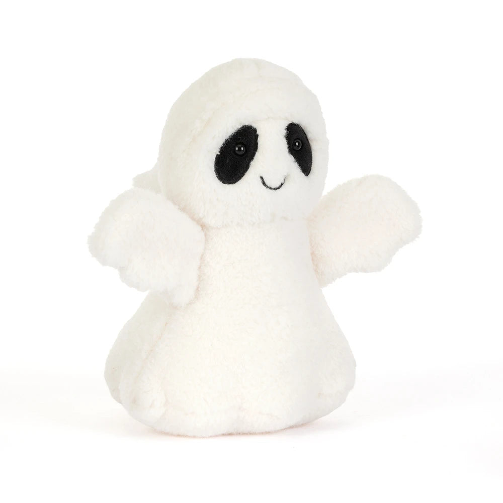 A small white plush ghost toy with black embroidered eyes and a simple stitched smile, shown against a plain white background.