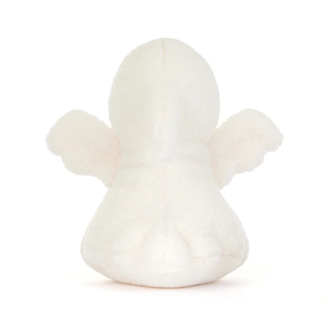 A white plush angel toy with soft wings and a hooded back view, photographed on a seamless white background.