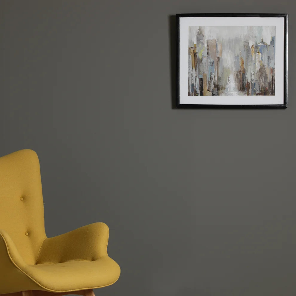 Frenchic Lady Grey wall with framed artwork and a yellow armchair