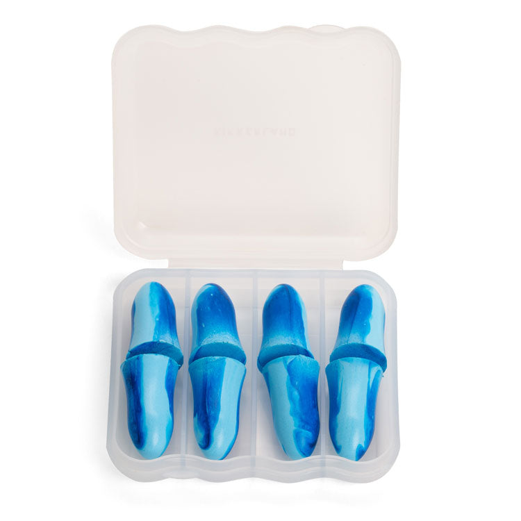 Four blue marbled Kikkerland Cloud Earplugs in an open travel case
