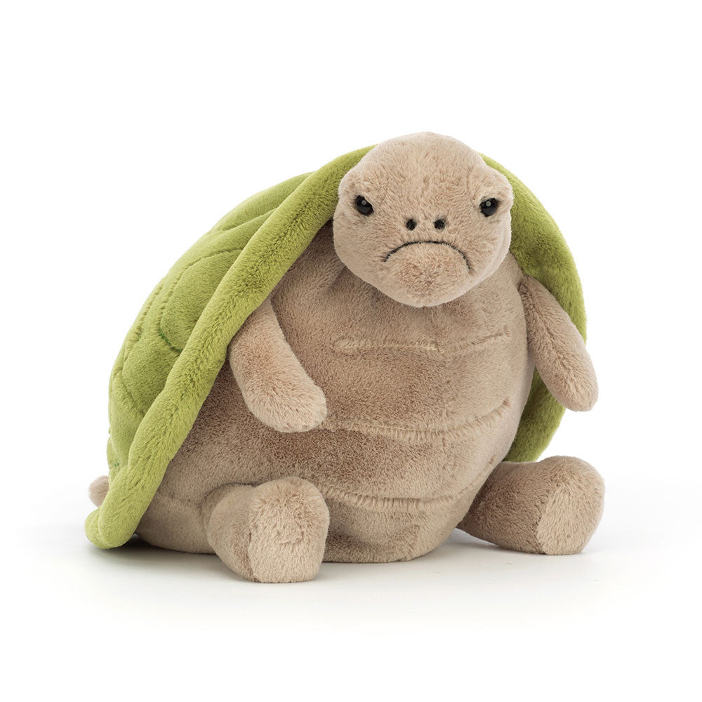 A plush stuffed turtle toy with a light beige body and a soft green shell, sitting against a plain white background.