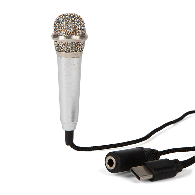 Silver Kikkerland miniature microphone with USB-C connector and audio jack