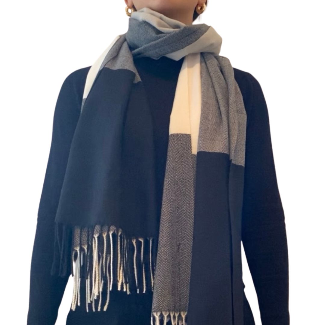 Winter Accessories | Classic Woollen Scarf - Black, White and Grey Colour Block by Weirs of Baggot St