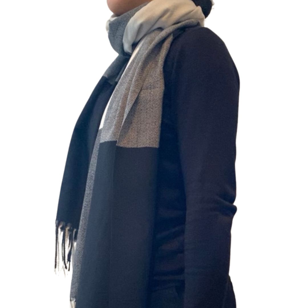 Winter Accessories | Classic Woollen Scarf - Black, White and Grey Colour Block by Weirs of Baggot St