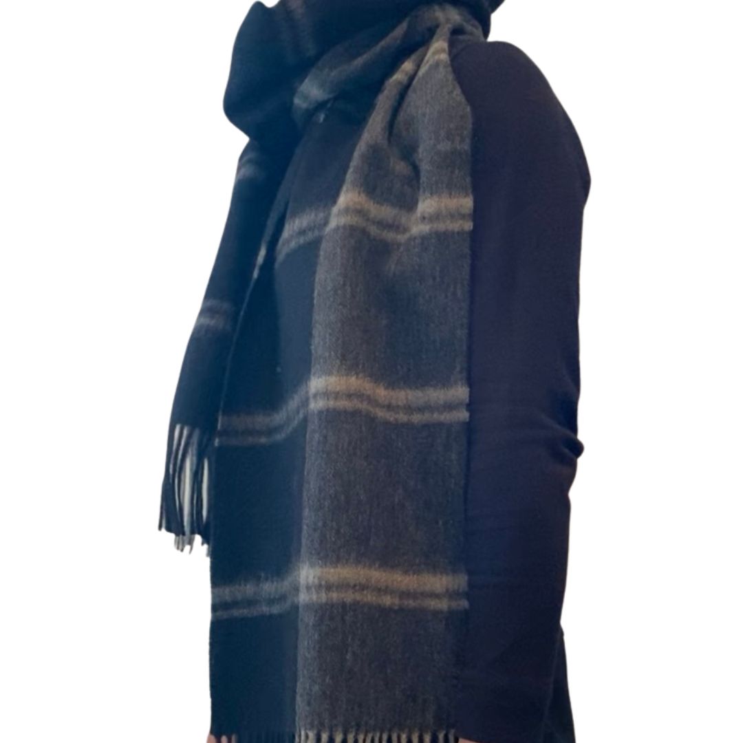 Winter Accessories | Classic Woollen Scarf - Black and Grey Plaid by Weirs of Baggot Street