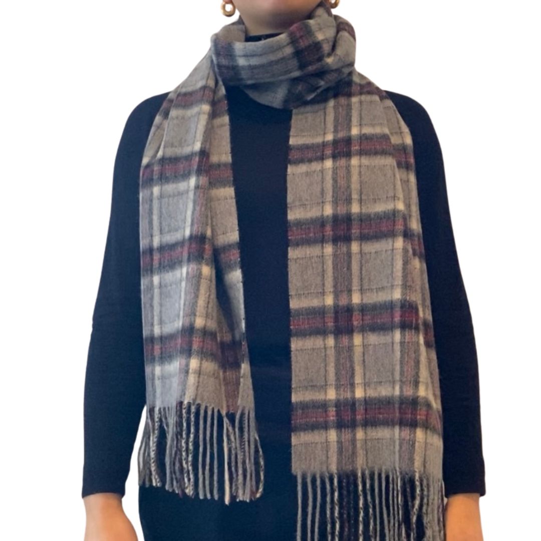 Winter Accessories | Classic Woollen Scarf - Light Grey, Black and Red Plaid by Weirs of Baggot Street