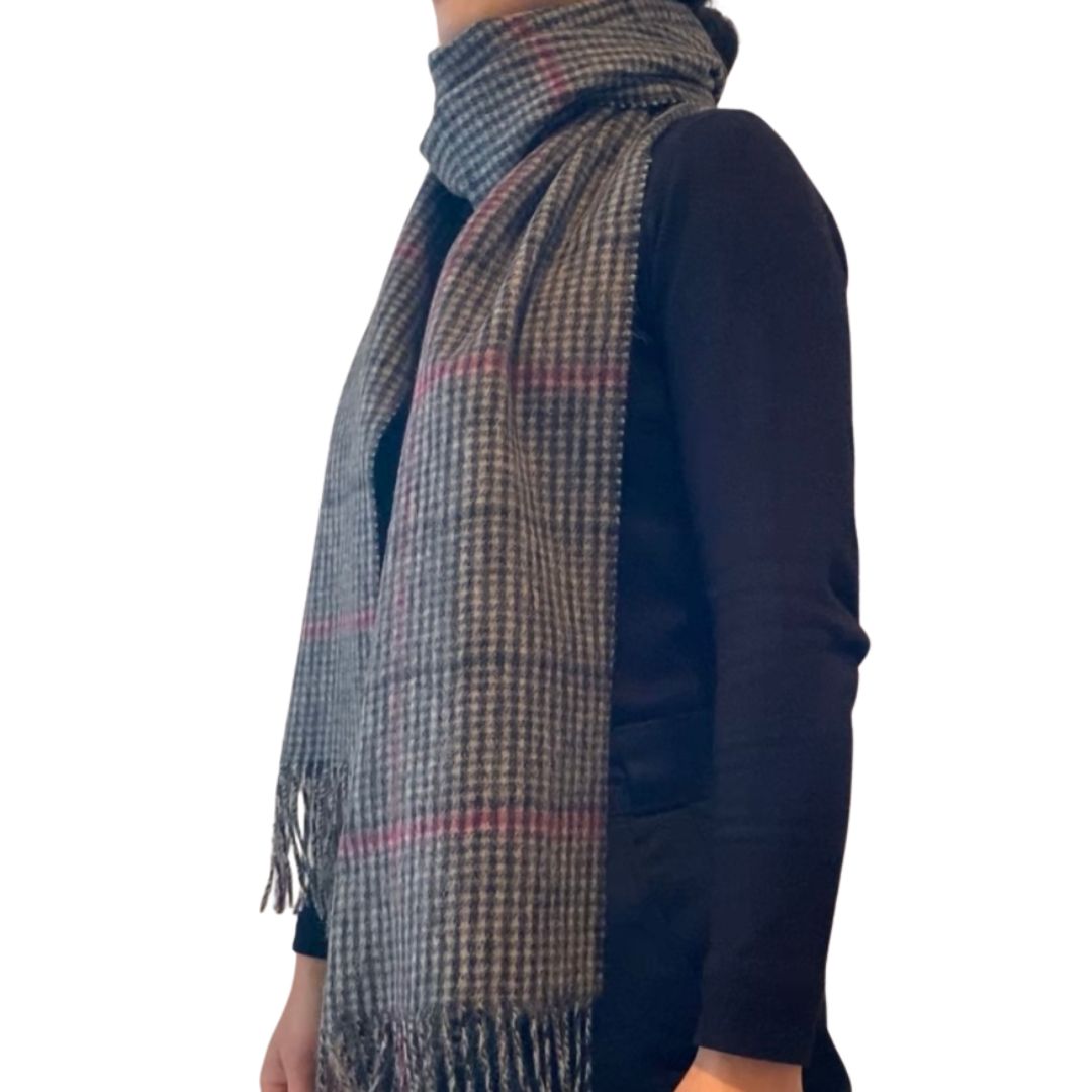 Winter Accessories | Classic Woollen Scarf - Light and Dark Grey Plaid with Red details by Weirs of Baggot Street