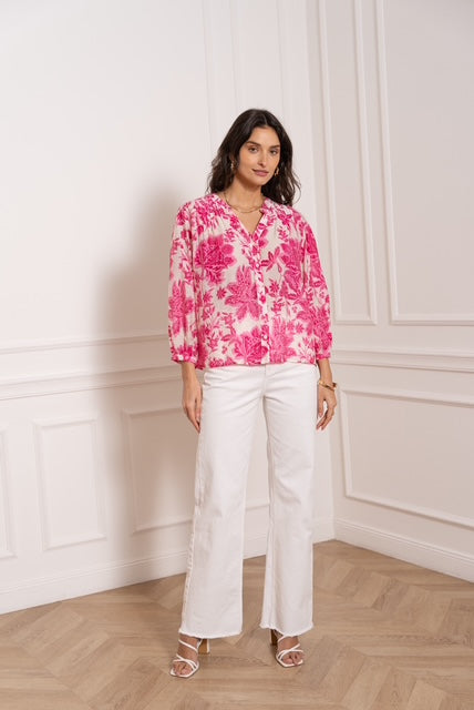 Long Sleeve Flower Detail Silky Blouse