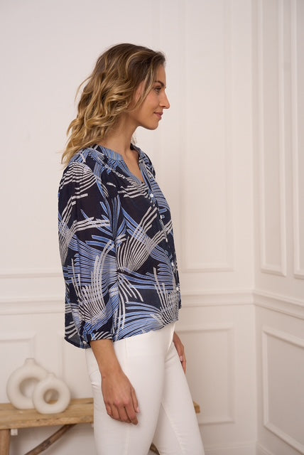 Long Sleeve Flower Detail Silky Blouse