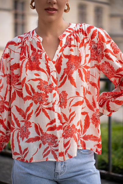 Long Sleeve Flower Detail Silky Blouse
