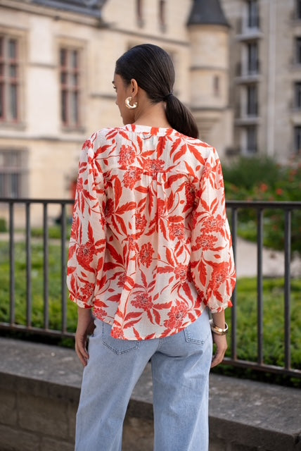 Long Sleeve Flower Detail Silky Blouse