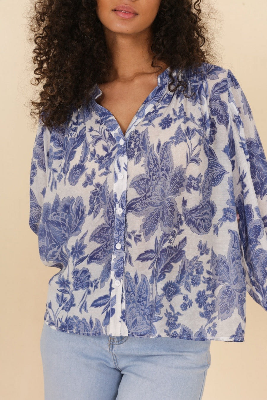 Long Sleeve Flower Detail Silky Blouse